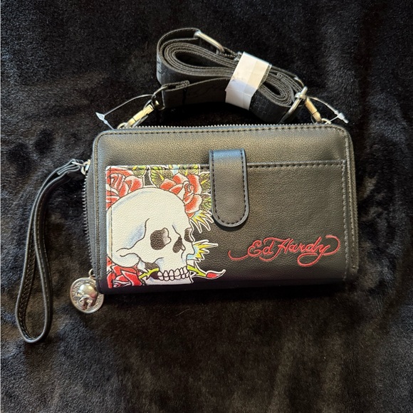 Ed Hardy Handbags - ED HARDY crossbody Skull Roses Black Wallet Wristlet